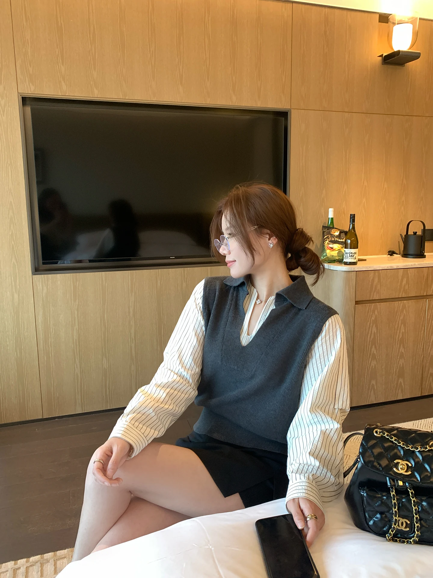 

New 30 Benxe Striped Head Fake Two-Piece V-Ne Knitted Top Women's Casual Sle Long Sve Polyester Blend Wool Blend