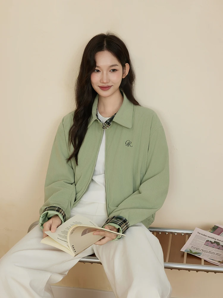 een Cappotto autunno inverno casual da donna in velluto a coste scozzese patchwork retrò ASS SPACE Tessuto in poliestere per spazio all'aperto selvaggio