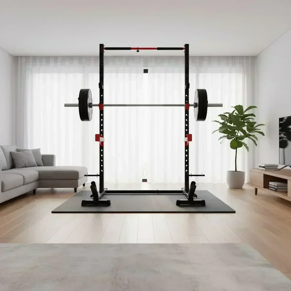 Adjustable Home Gym Squat Rack with Pull Up Bar Heavy Duty Steel Barbell Power Cage for Weightlifting Training