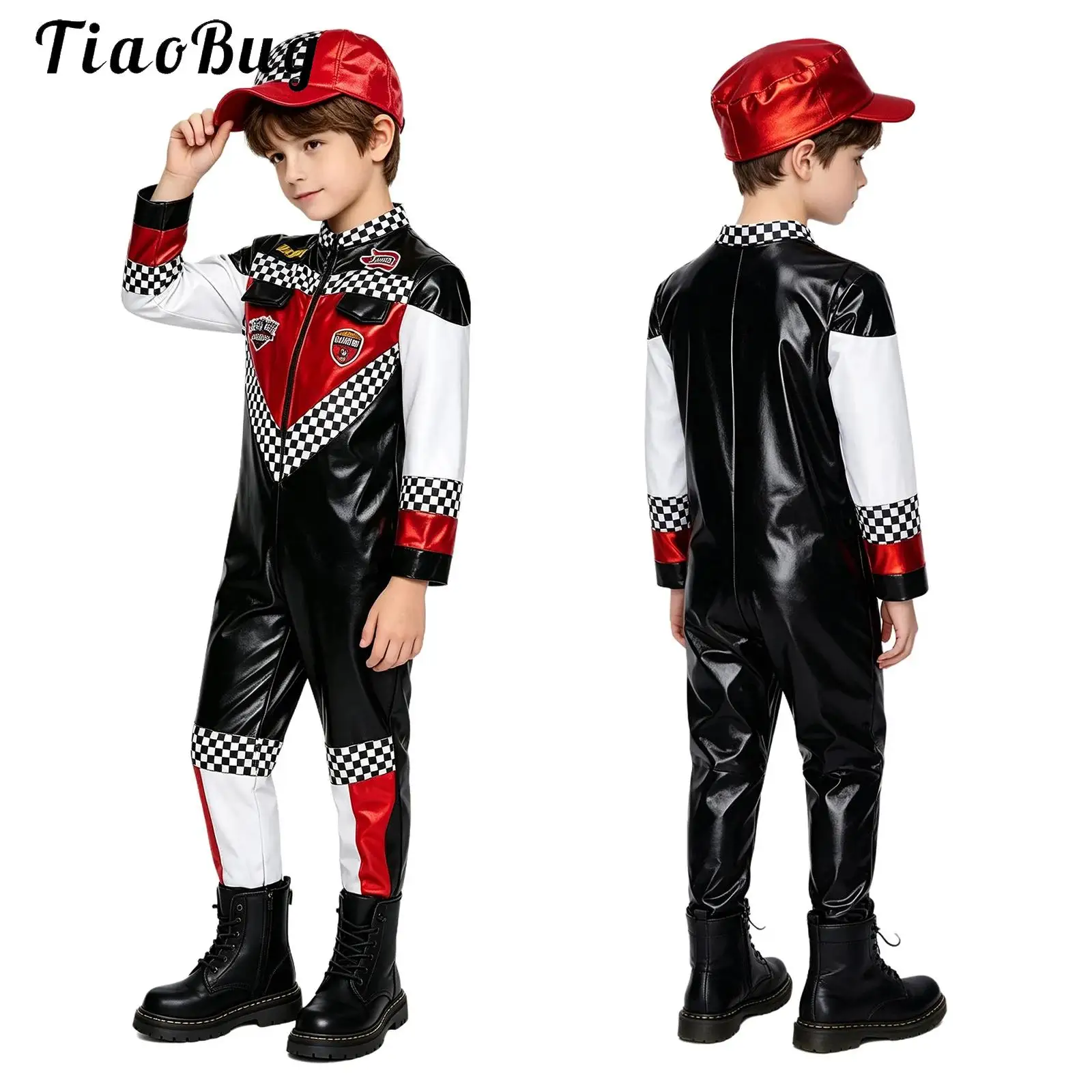 Boys Racing Uniform Suit Halloween Race Car Driver Costume Long Sleeve Front Zipper Checkerboard Color Block Jumpsuit with Hat