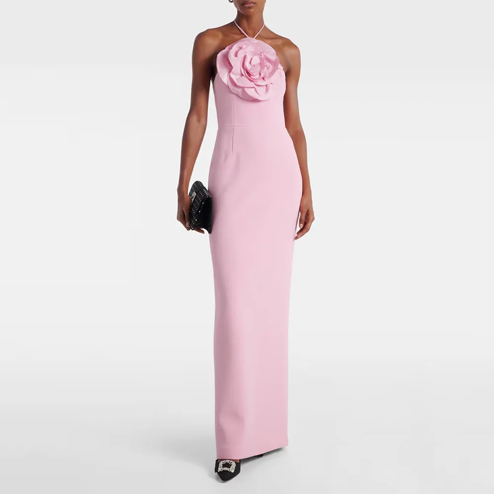 

Modern Pink Women's Evening Gown Sheath Floor Length Formal Party Dress Halter Sleeveless Saudi Dress With Flowers Prom Dress