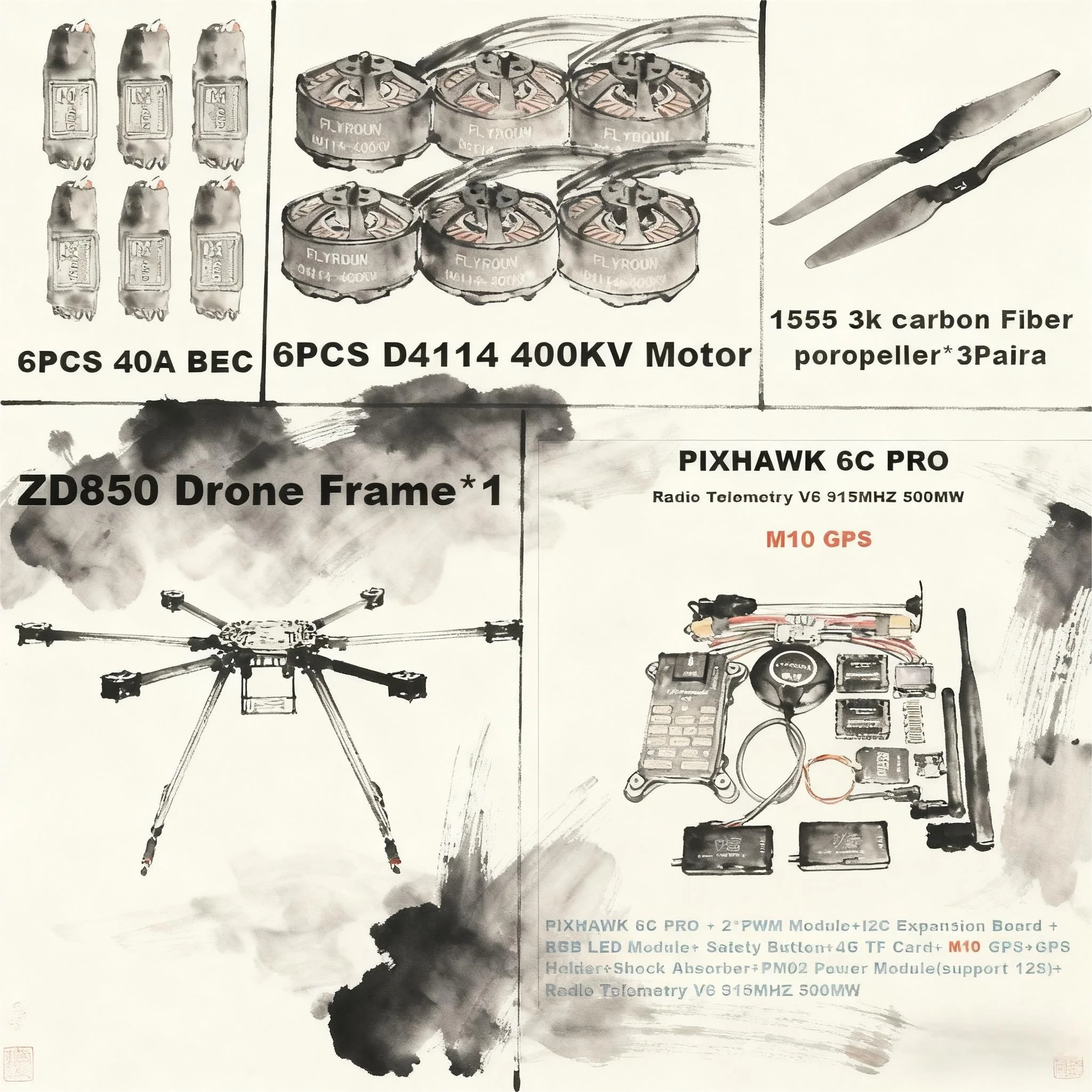 

FPV ZD850 6C PRO M8N M9N M10 Полностью карбоновое волокно 850 мм Рама с шестиротором BLHELI 40A ESC Комплект телеметрии Rado Flight Comtrol