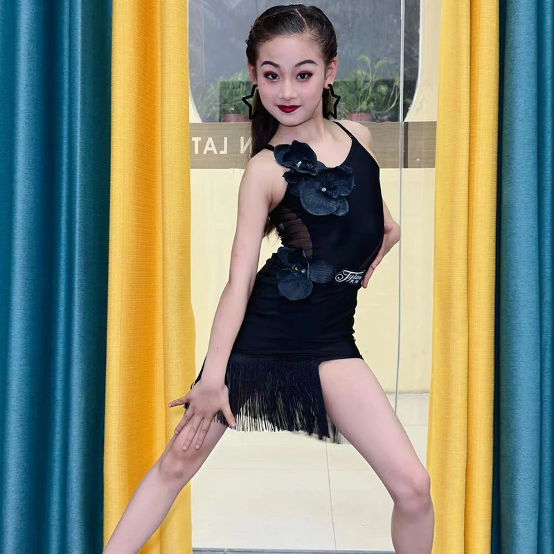 

Fashion Girls Ballroom Dance Competition Costume Kids Performance Latin Dance Dress Black Latin Fringed Dance Dresses DWY9168