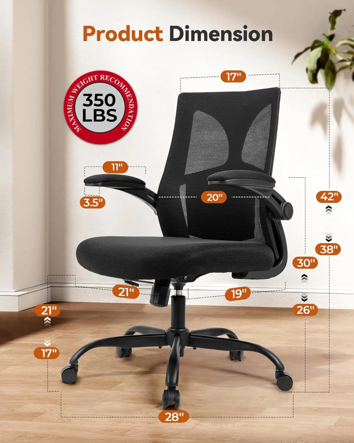 Ergonomic Office Chair 350lbs Capacity - 3.9-inche Cushion and Tall Back Computer Desk Chair Breathable Mesh - Comfortable