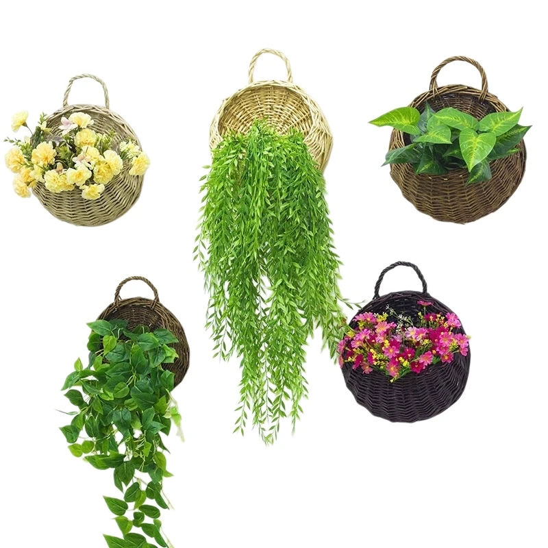 Hand Made Wicker Rattan Flower Planter Wall Hanging Wicker Basket Garden Vine Pot Plants Holder Pots Wall Planter Home Decor 화분