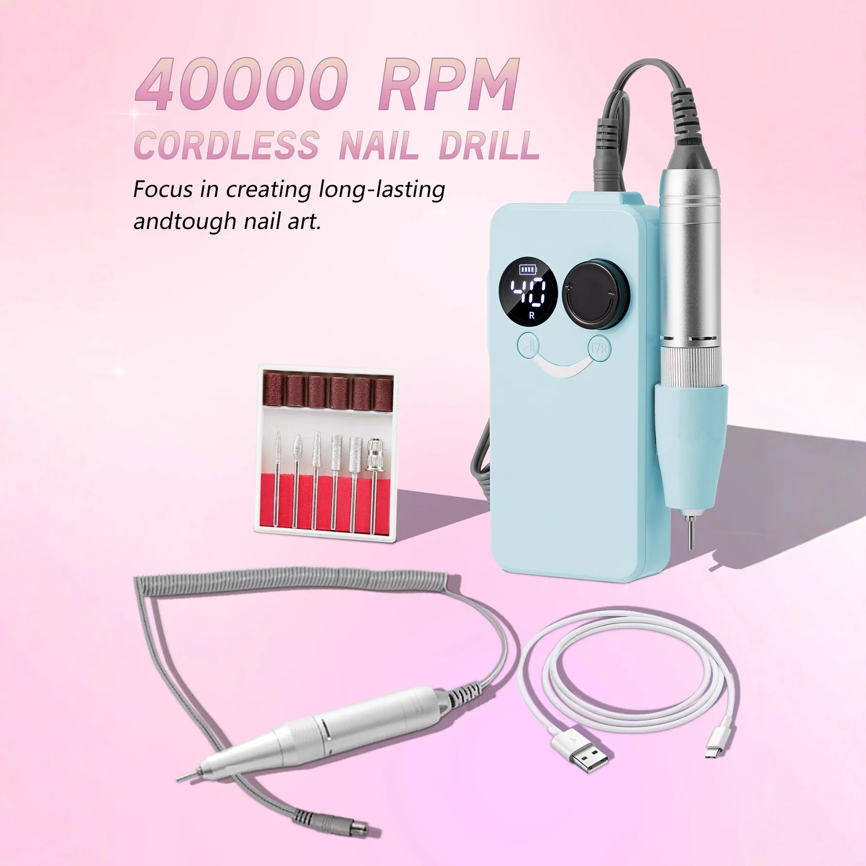 Un polisseuse à ongles professionnelle, ensemble de limes à ongles électriques rechargeables USB, prenant en charge 6 embouts de meulage de remplacement et câble de données USB