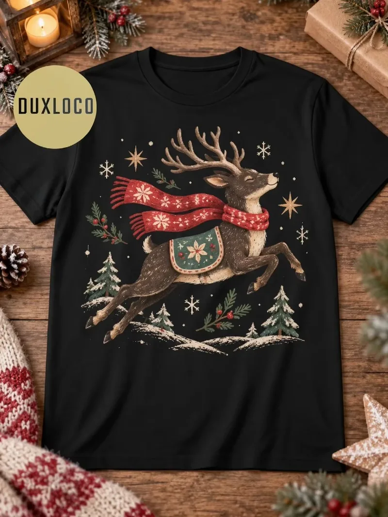 Snowflake Star Decor Leaping Reindeer T Shirt Unisex Crew Neck Short Sleeve Casual Top For Cozy Xmas Decor Style