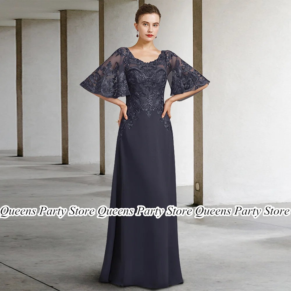 

Navy Mother of The Bride Dress Scoop Neck Batwing Sleeves Sequined Applique Chiffon A Line Wedding Guest Gown Formal Dresses