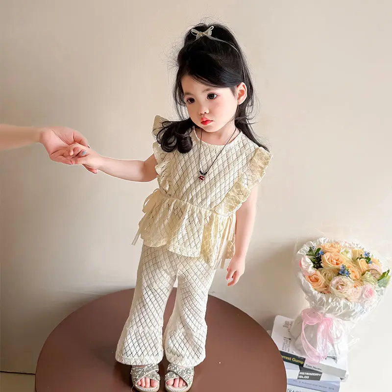 Summer Girls 2025 Summer New Foreign Style Baby Children's Fashionable Vest Lace Sleeveless Top Set Two-piece Set