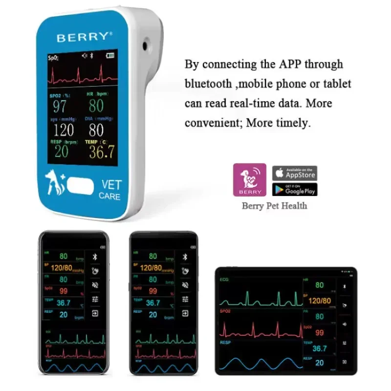 BERRY AM6200 Veterinary 6 Parameters Monitor Pet Dog Cat Animal Blood Pressure ECG EKG HR BP Spo2 PR Temp APP Multi-Function