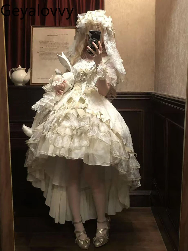 فستان سهرة لوليتا ياباني بعقدة ذهبية لحفلات الزفاف بخصر عالٍ وأكمام قصيرة لحفلات أعياد الميلاد فستان أداء الأميرة الحلوة #4