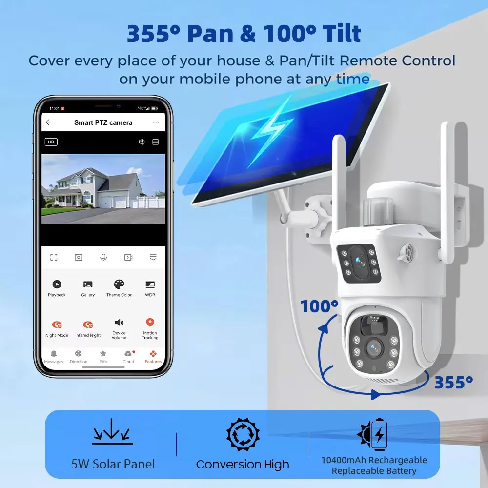 Telecamera di sicurezza IP PTZ WiFi solare 4K 8MP Monitoraggio automatico Telecamera di sorveglianza CCTV wireless per visione notturna a colori con doppia lente esterna