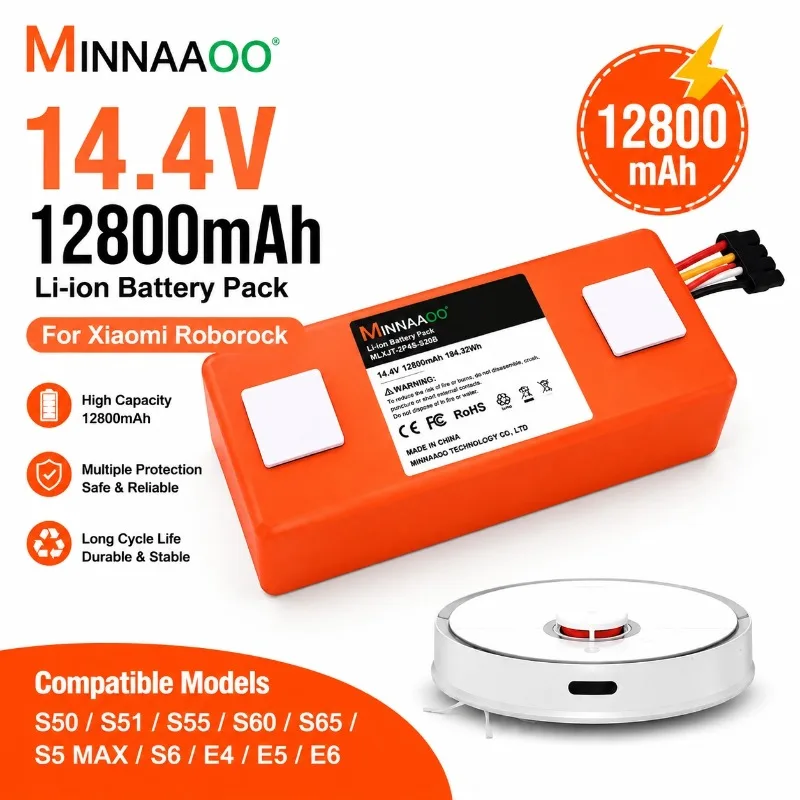 14.4V 12800mAh Li-ion Battery For Xiaomi Roborock S50 S51 S55 S60 S65 S5 MAX S6 Robot Vacuum Replacement