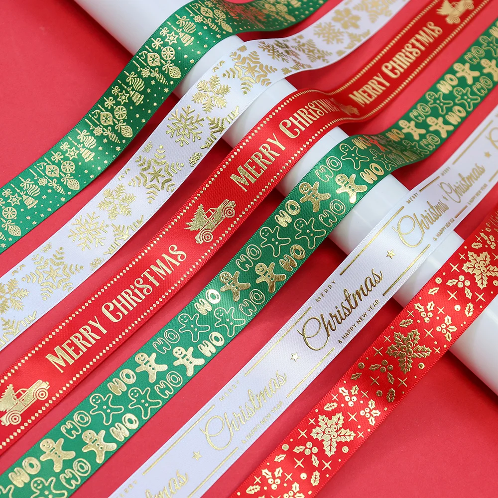 1'' 25mm Gold Merry Christmas Snowflake Gingerbread Man Satin Ribbons For Party Gift DIY Wrapping Handmade Home Decoration