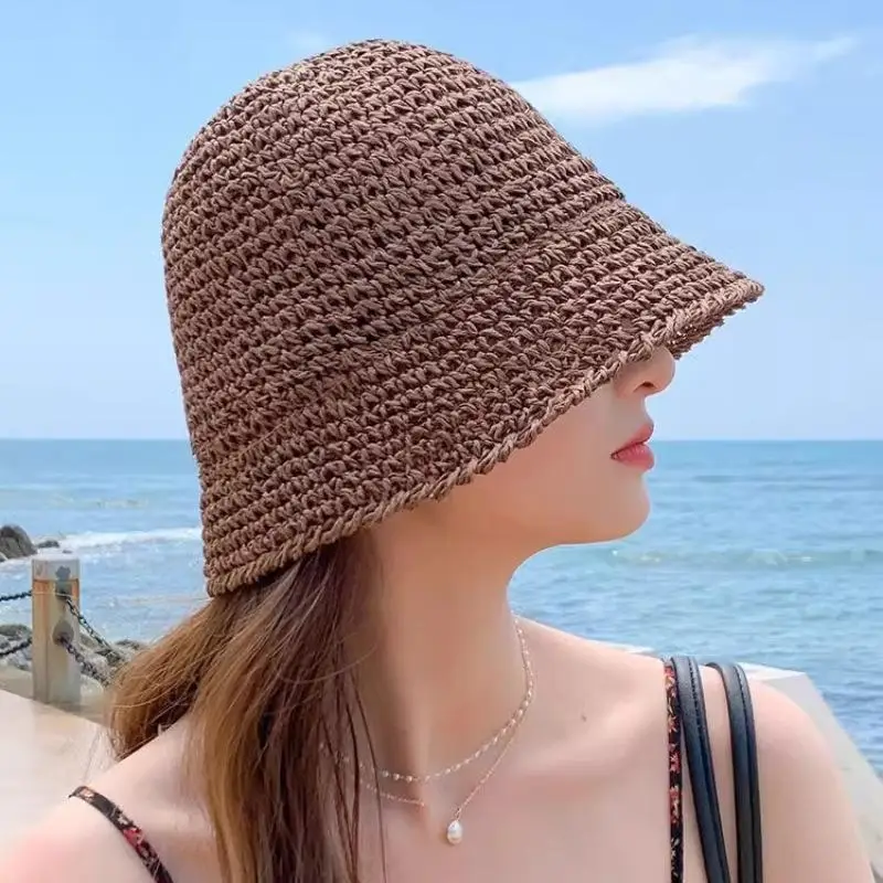 Einzigartiger gewebter Damen-Sonnenhut, einfarbig, atmungsaktiver Stroh-Fischerhut, faltbarer Visierhut, Bucket Hat für den Urlaub – Detail 6