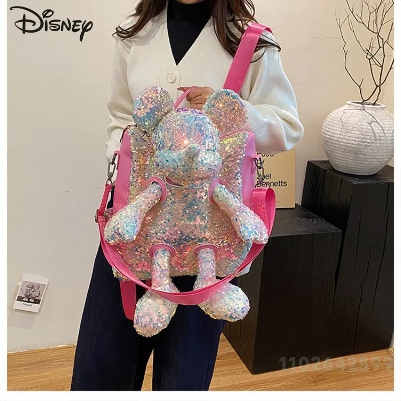 Mickey 2025 New Women's Backpack Fashion High Quality Glitter Doll Backpack Cartoon Versatile Large Capacity Women's Backpack