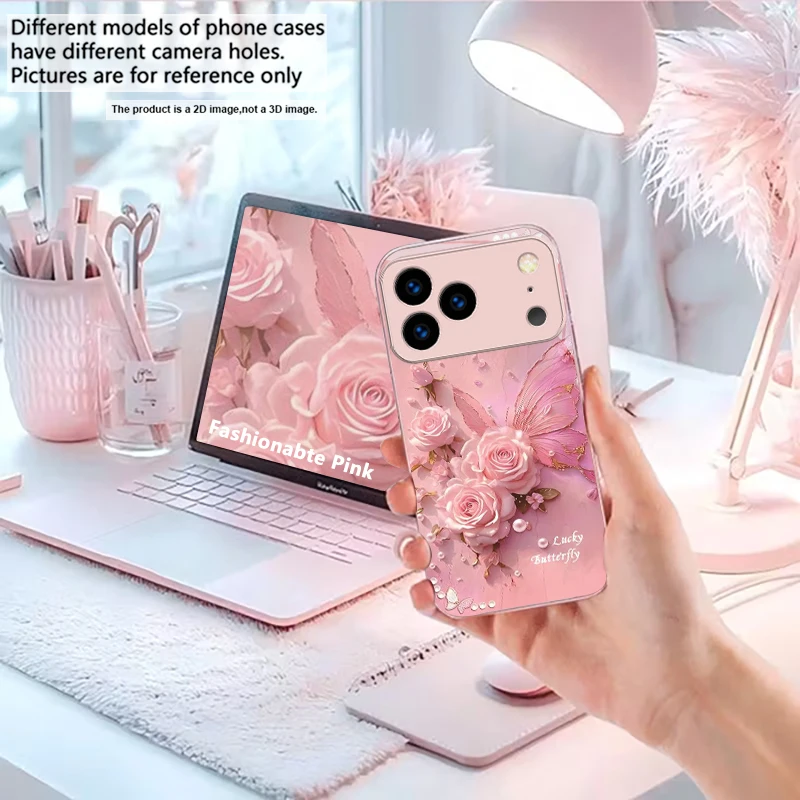 Pearl Rose Butterfly Art Pink Metallic Glass Phone Case For iPhone 11 12 13 14 15 16 17 Pro Max Plus 17Air 16E 7 8 Xs Back Cover