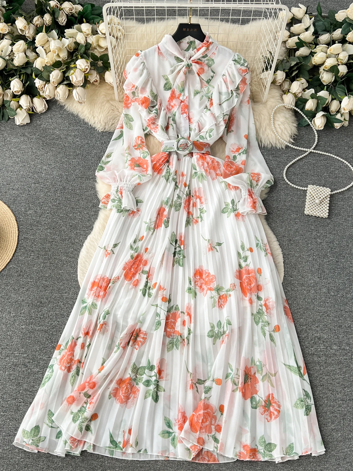 Spring Autumn Women Floral Print Chiffon Long Dress Elegant Bow Collar  Ruffle Draped Maxi Vestidos Female Pink/Blue/Purple Robe - AliExpress  200000345