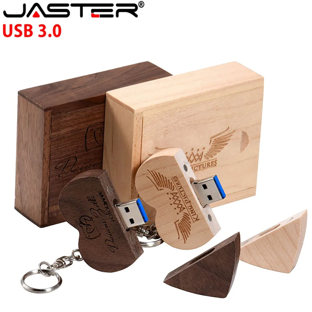 

JASTER High speed USB Flash Drive 64GB 128GB USB 3.0 Wooden keychain Heart Shape Pen Drive 4GB 16GB 32GB pendrive Wedding Gifts