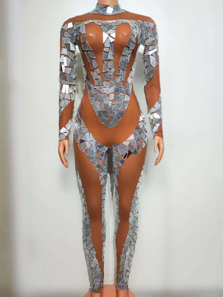 

Sexy See Through Transparent Mesh Women Party Jumpsuit Shining Sliver Mirror Bodysuit Party Sing Dance Performance Stage Costume