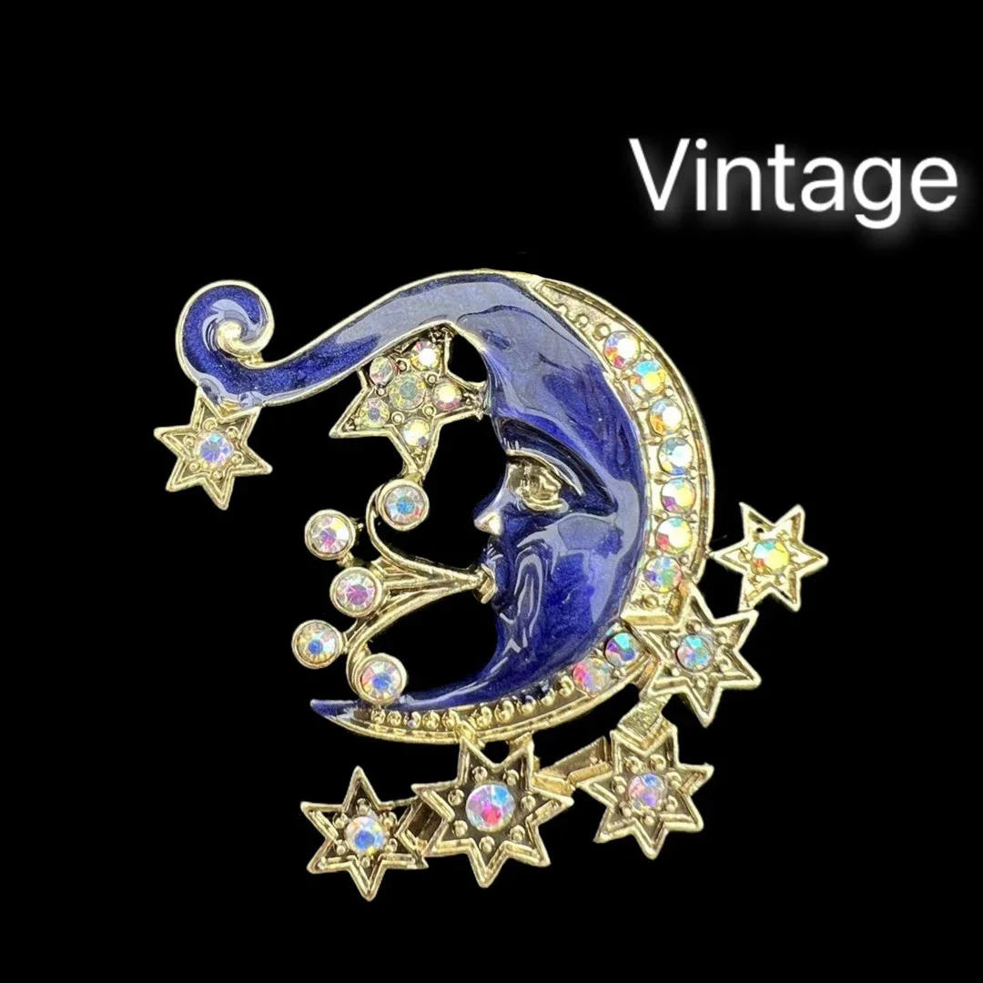 Vintage Dreamy Cute Delicate Heavy Blue Enamel Star Moon Brooch Large Size Luxury Jewelry Unisex Badges Retro Pins