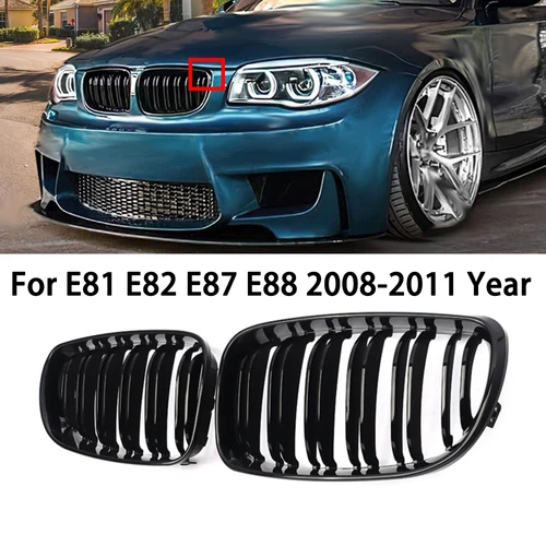 Imagen 2 del producto Para BMW E81 E87 E82 E88 128I 130I 135I parachoques delantero de coche rejilla de riñón parrillas de carreras rejillas negro brillante parrilla de doble listones 07-11