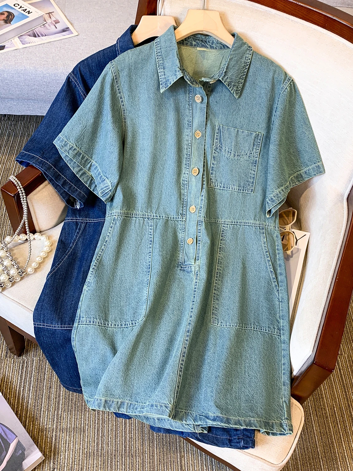 Estate delle nuove donne Denim Dr Loose Fit di media lunghezza ort-Sve Casual Versatile Vita alta A-Line Coreano Sle Dr