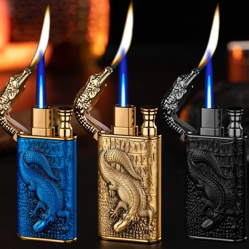 3D Relief Dragon Crocodile Double Fire Lighter Metal Windproof Jet Fire Open Fire Conversion Gas Lighter Smoking Men\'s Gift