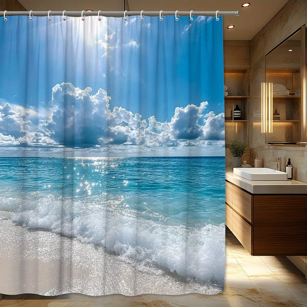 

Coastal Bathroom Shower Curtain | Serene Beach Sunset Design with Turquoise Ocean and Sparkling Waves | Durable Polyester Fabric