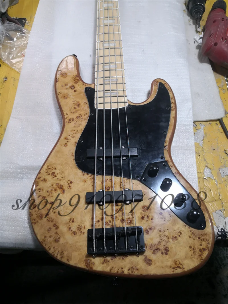 Natural Bass,5 Strings Bass guitar,Burl Maple top ,maple neck,black Pickguard,Active Battery,Black Tuners