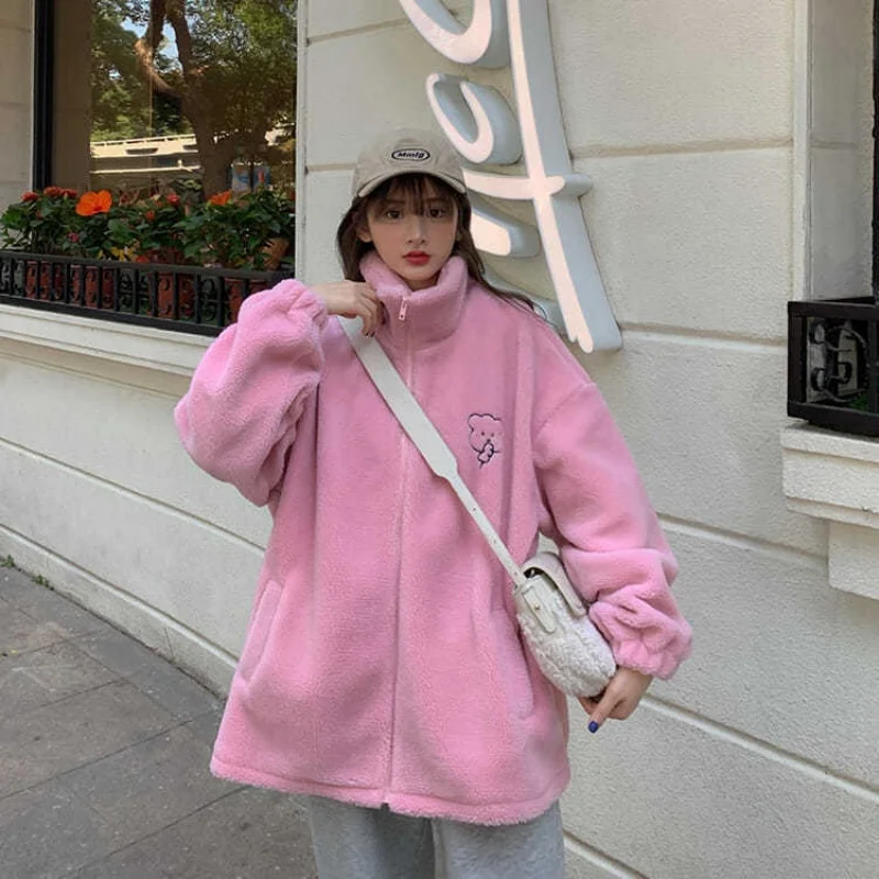 Winter Letter Pink Zippercoat Lamb Wool Keep Warm Mid-length Women Sweatshirt Embroidery Cute Biscuit Bear Fashion Lady Pullover