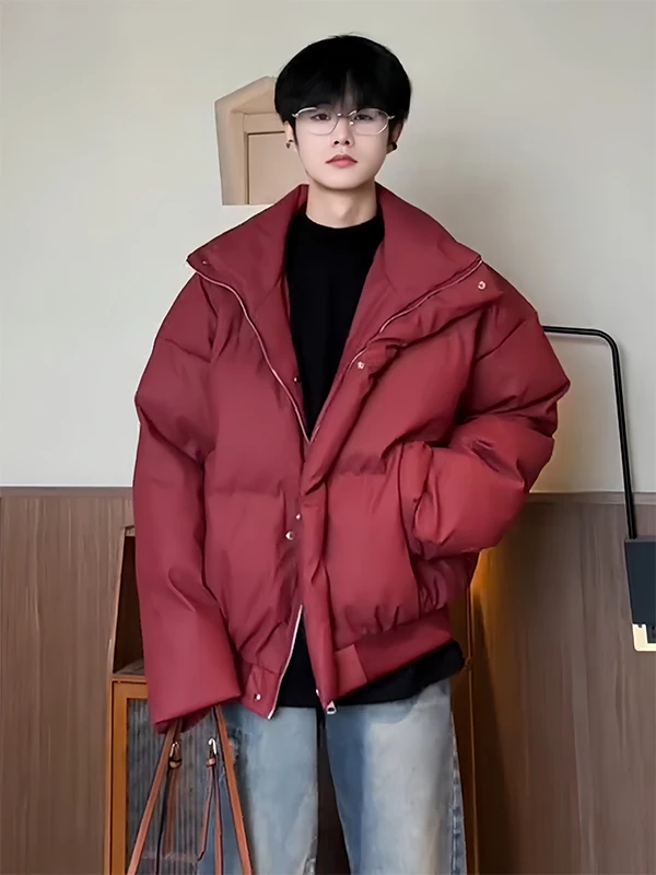 

Red PU Leather Cotton Jaet Men's Thiened ort Sle Stand Collar Winter Warm Faionable Urban Youth Cotton Coat