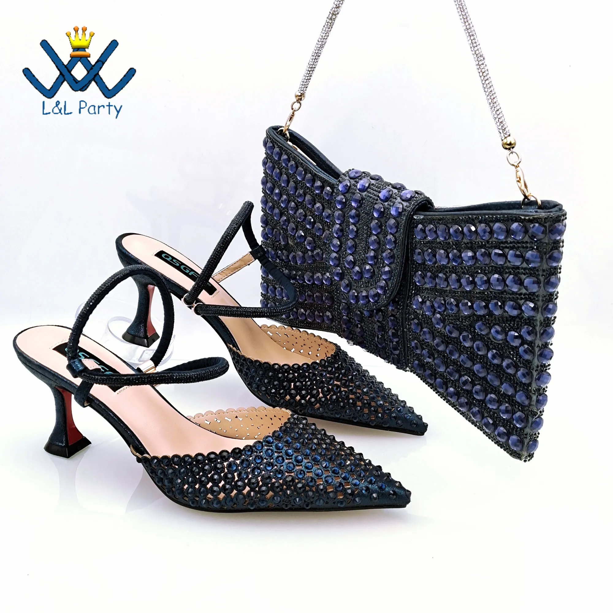 

2024 Fashionable New Arrivals Nigerian Design Women Shoes and Bag Set in Navy Blue Color Decorate with Rhinestone for Party