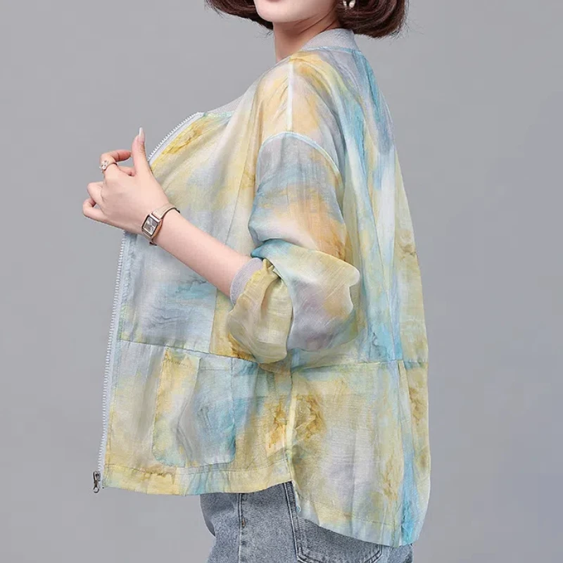 

Women's Summer Tie Dye Printed Sunscreen Clothing 2024 New Fashion Loose Zipper Patchwork Pockets Round Neck Long Sleeve Coats