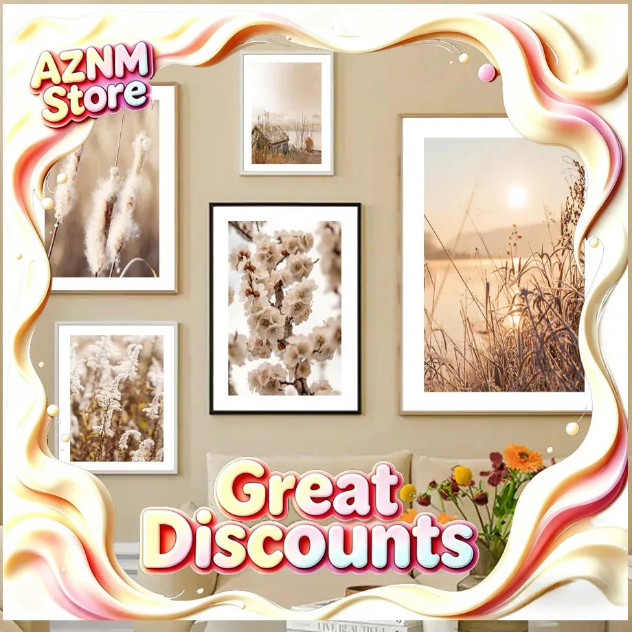 1pc frameless Canvas painting Autumn Beige Natural Poster Sunset Tree House Grass Reed Wheat Mural Print Canvas Painting Wall