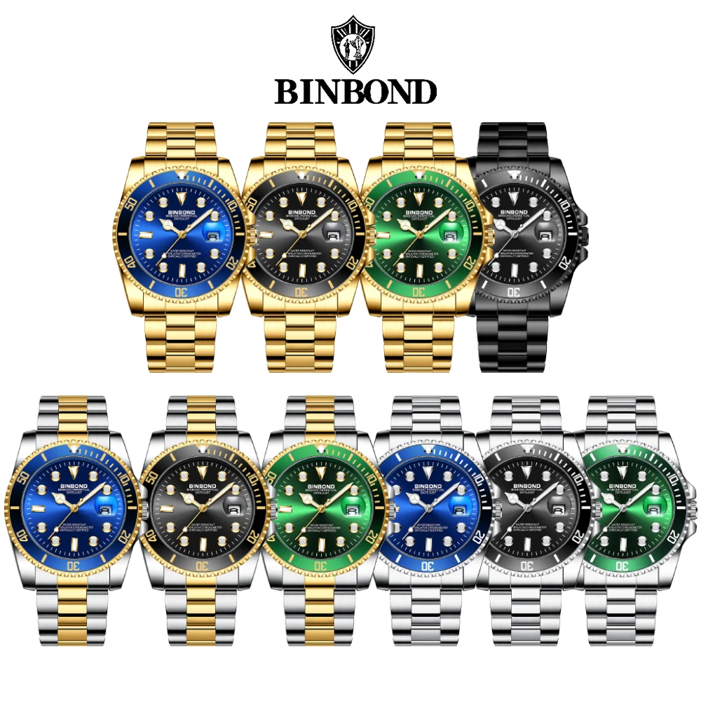 BINBOND Men's Watches 920G Trend Fashion Original Quartz Watch for Man Stainless Steel Waterproof Luminous Date Rotating Bezel