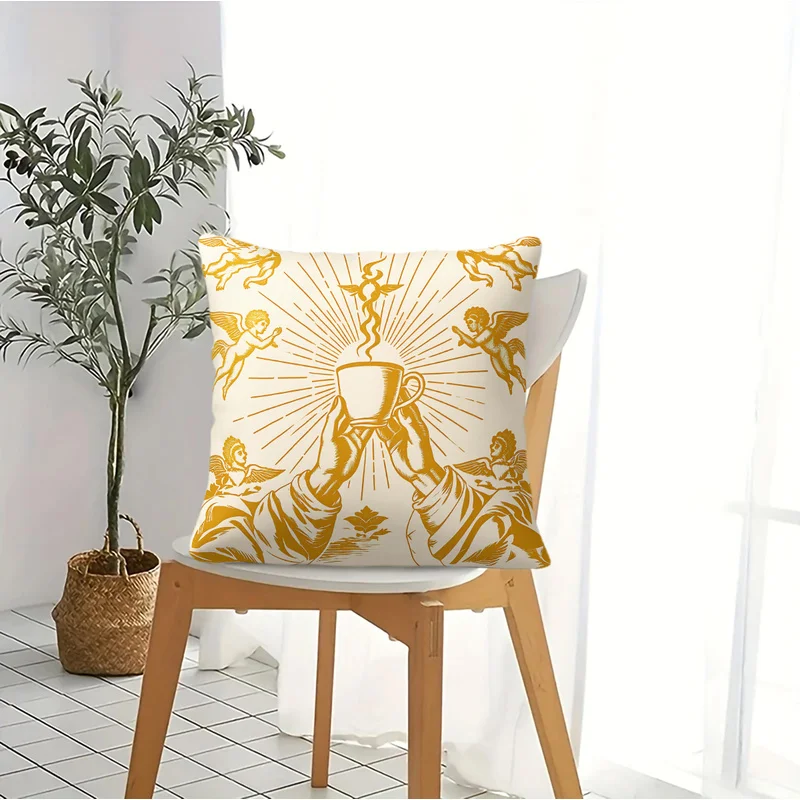 Sacred Coffee Throw Pillow With Pillow Inserts Golden Sunburst Angel Hands Holding Coffee Cup Print Cushion Cozy Home Decor Gift