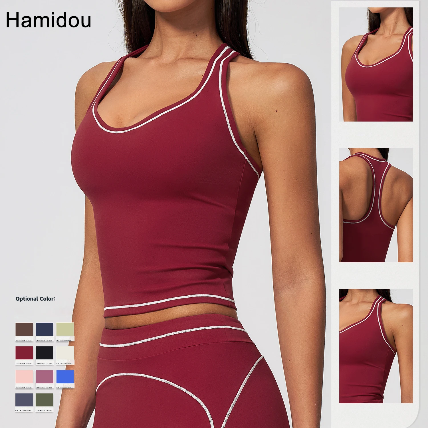 Hamidou Woman Color Blocking Yoga Tank Top Summer Gym Running Beautiful Back I-shaped Vest Gather Shockproof Workout Fitness Top