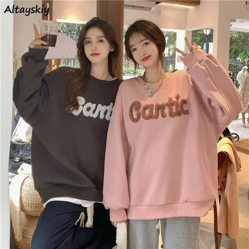 

Letter Sweatshirts Women O-neck Vintage Streetwear Baggy Sporty Casual Plus Velvet Tender Korean Style Autumn Chic College Girls