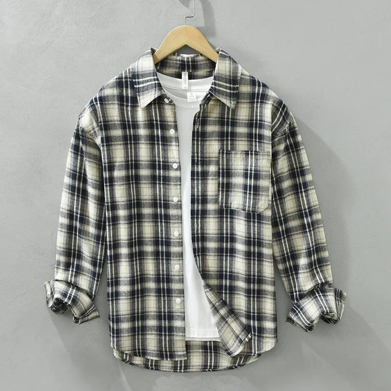 

2023 Men's Shirts Youth Pure Cotton Long Sleeve Loose Relaxed Literature and Art Men's Coat Long Sleeve Checkered Youth