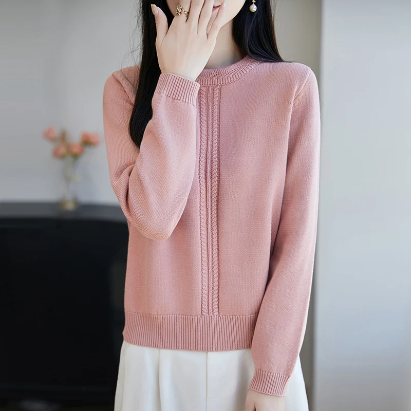 High End 100% Cotton Women's Sweater Autumn and Winter Casual Knitted Pullover Loose Round Neck Top Fashionable Hot Selling