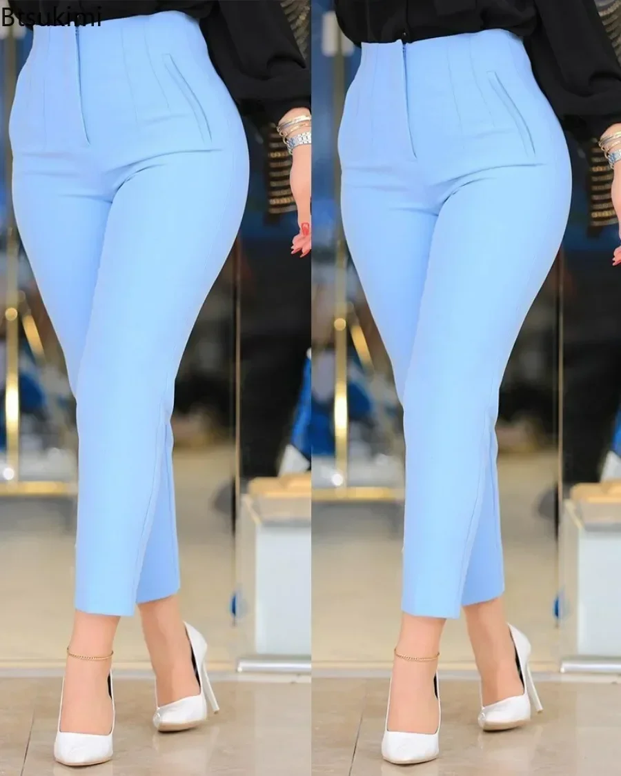 

New 2025 Women's Formal Pencil Pants High Waist Pleated Pockets Ankle Length Solid Straight Leg Suit Pants Office Lady Trousers