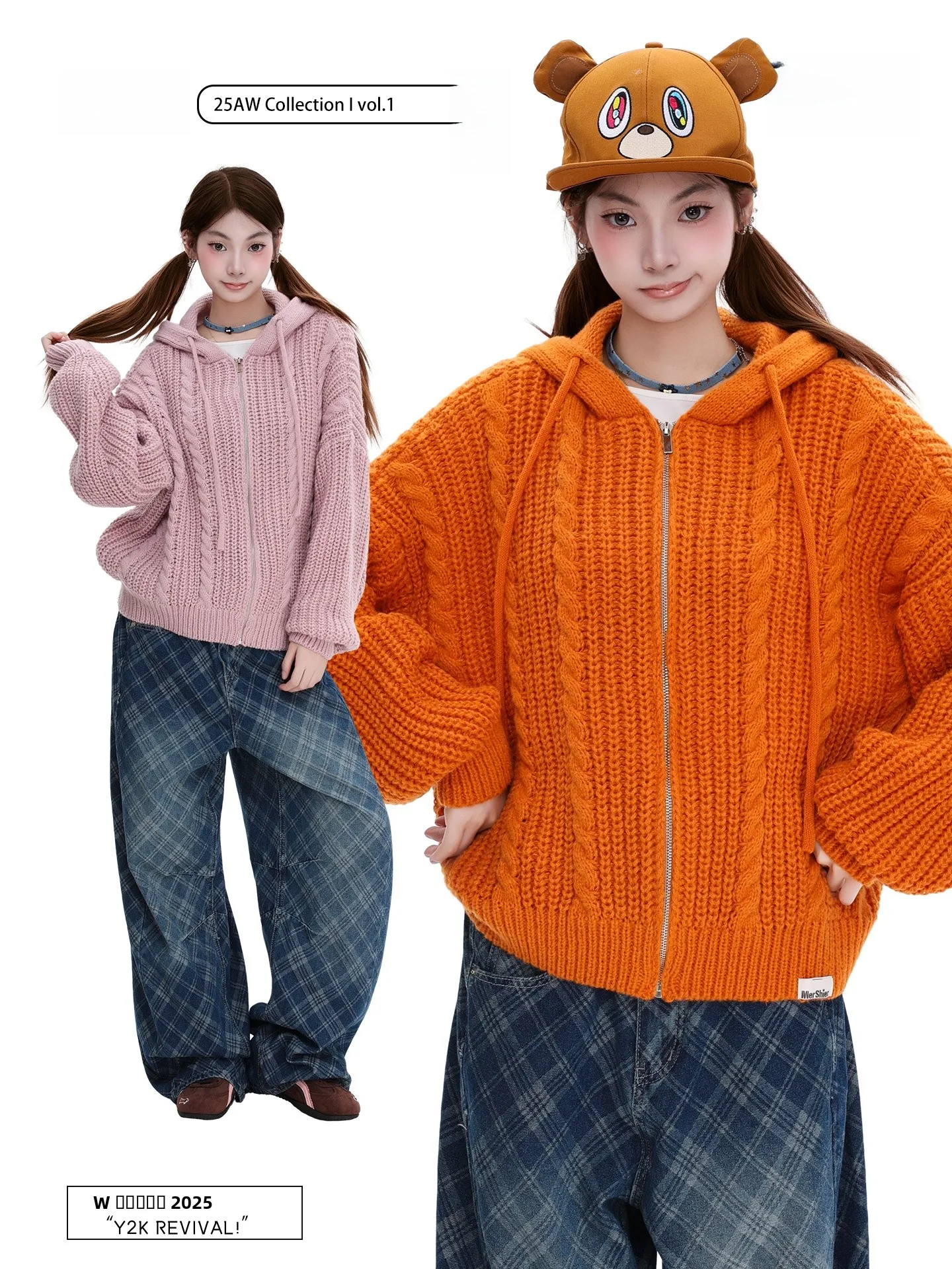 

PBB Orange Knitted Sweater with Zipper Street Sle Loose Fit Warm Casual Top in Sunset Orange Color for Women