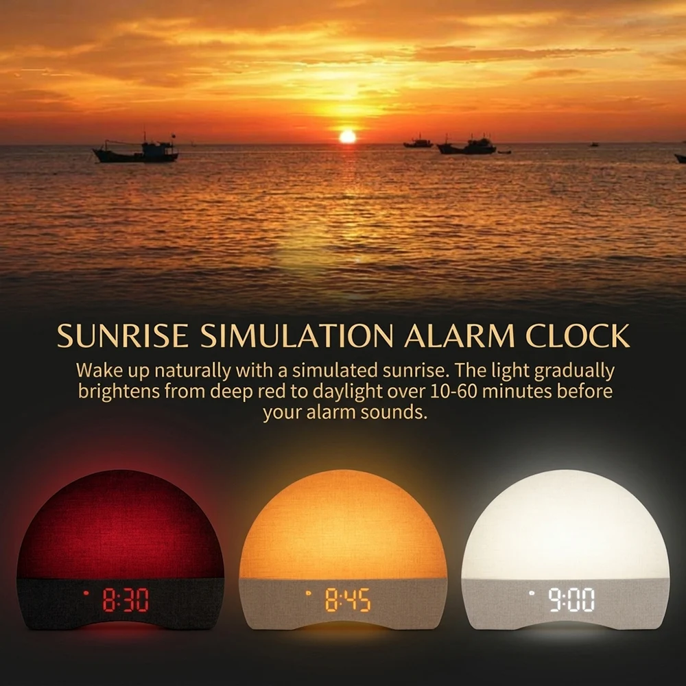 Sunrise Alarm Clock Wake Up Light Digital Clock Sleep Aid Natural Sounds Night Light White Noise Machine for Bedroom Living Room