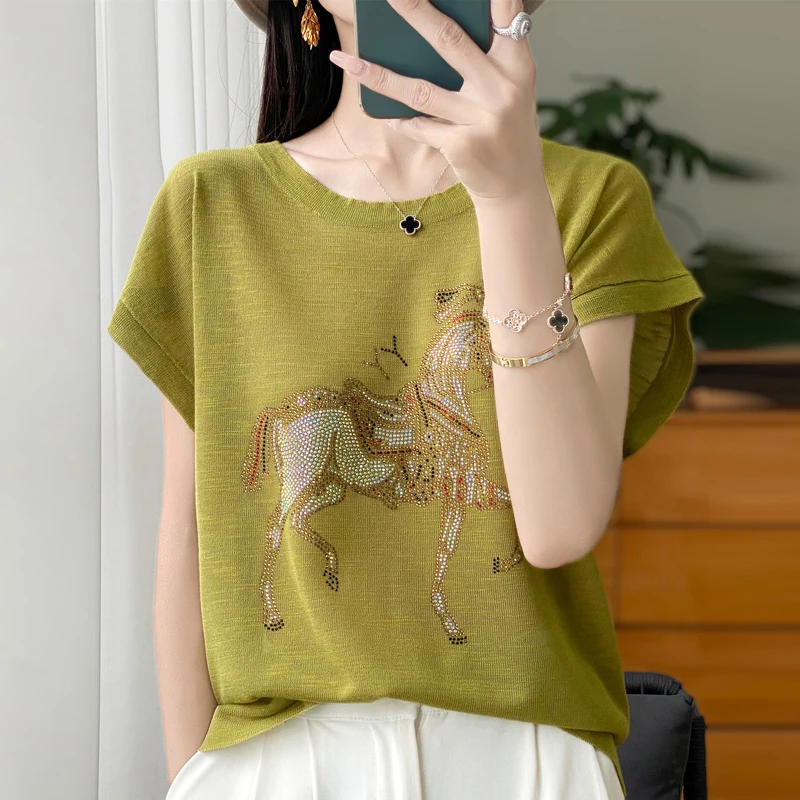 

Spring And Summer New Round Neck Pullover Fashion Horse Short Sleeve Ladies Cool Skin-Friendly Breathable Casual T-shirt