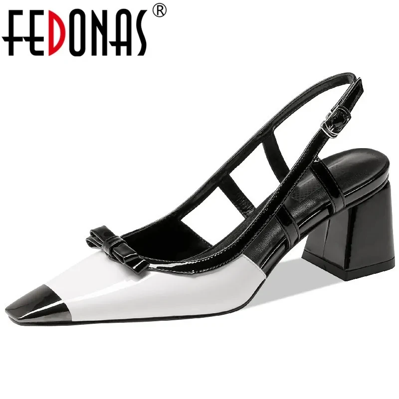 FEDONAS Elegant Fashion Sandals For Women Thick Heeled Metal Square Toe Pumps Butterfly Knot Genuine Leather Party Shoes Woman