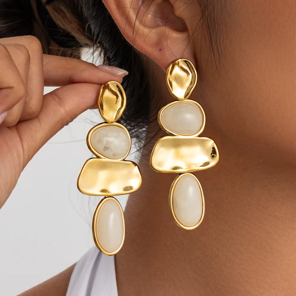 Vintage Amber Swirl Resin Gem Gold Color Stainless Steel Irregular Geometric Stacked Dangle Earrings for Women Jewelry Colorfast