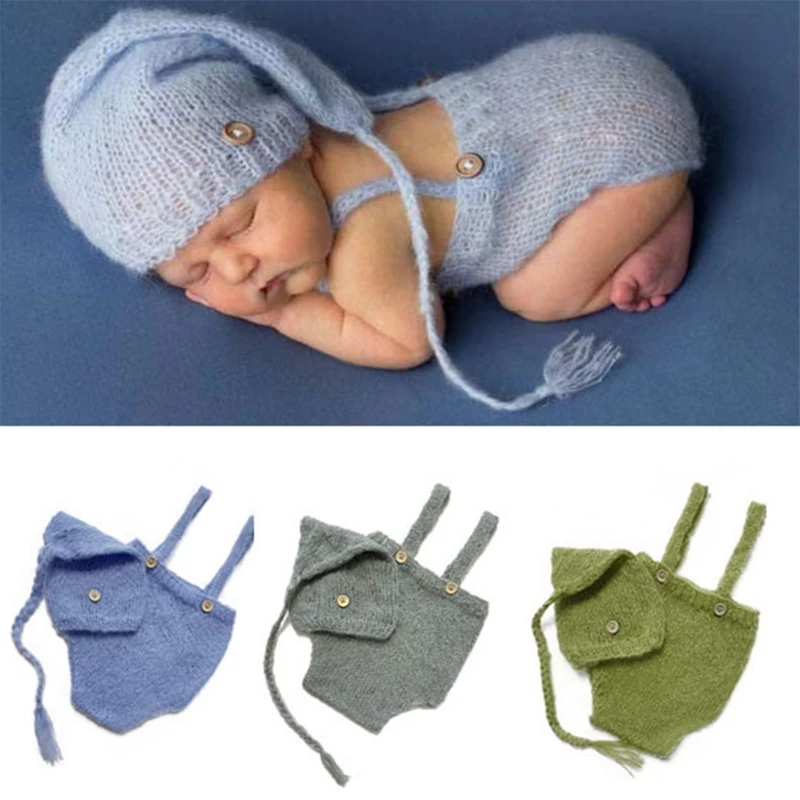 2 Pcs Neugeborenen Fotografie Requisiten Häkeln Outfit Baby Strampler Hut Set Kleinkinder Foto Schießen Stricken Lange Schwanz Mützen