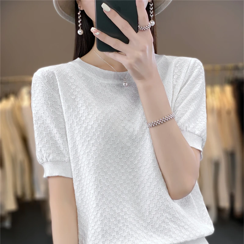 Pure Cotton Hollow Short-Sleeved Ladies Spring And Summer Loose Slim New Joker Knit Bottoming T-Shirt