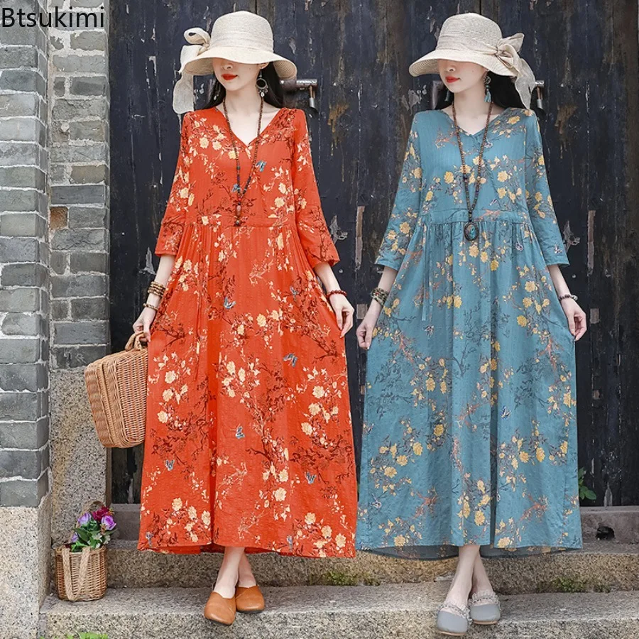 

New Summer Women's Elegant Dresses Vintage Floral Print V-neck Loose Maxi Dress Comfortable Casual Cotton Linen Women Sundress